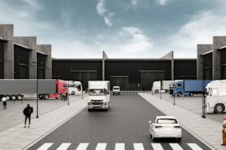 design 3d truck warehouse design,industrial building,storage room,firstaid offic