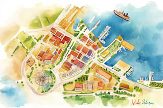create a detailed watercolor map illustration of your city