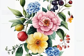 create a digital watercolor botanical illustration of flowers, plants, fruits
