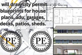 draw city permit blueprints for house plans, adu, garages, decks, patios, sheds