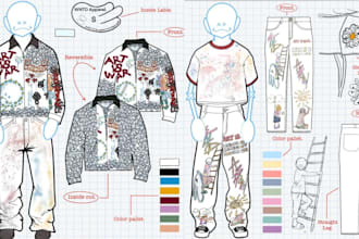 design flat sketch fashion illustration tech pack for clothing pants and hoodie