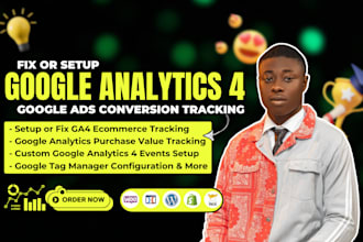 setup or fix google analytics ga4 ecommerce tracking GTM ads conversion tracking