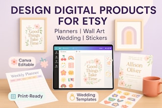 design etsy planner pages, wall art prints, wedding template, digital stickers