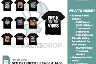 create 50 exclusive pod designs SEO listings tm check for your niche
