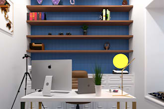 design 3d minimalist private office ,small office ,work space, book shelf render