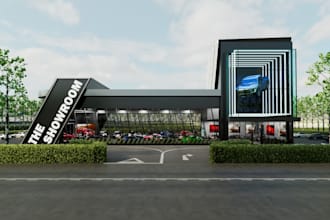 remodel 3d car museum, modern showroom interior,exterior render, parking garage