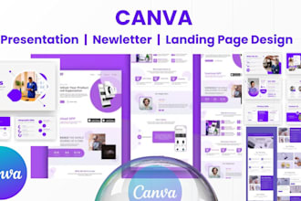 business presentation, newsletter design, website landing page design in canva