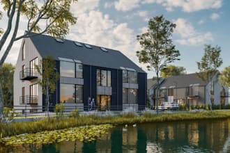 craft3d ponds building,estate homes,cgi townhouse,waterfront house,garden render