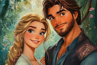 custom couple portrait in disney characters