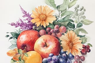 paint flowers, plants and fruits in watercolor