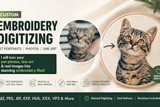 digitize your pet portrait, pet memorial, line art into embroidery dst, pes, jef