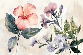 draw watercolor flowers, plants, fruits illustration
