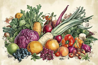 draw food, drink, fruit, vegetables illustration