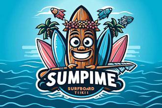 design a unique tiki surfboard logo with tropical vibes