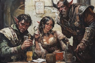 create a dnd art, character art, fantasy character, and dnd party, game art