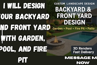 design your backyard and front yard with garden, pool, and fire pit