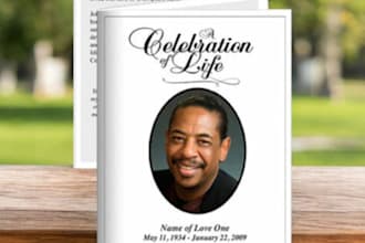 design urgent memorial, obituary tribute or  funeral program book church trifold