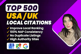 build top 500 USA UK local citations for your local seo, google maps