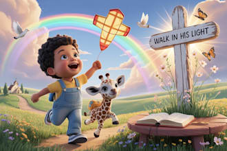 design christian children storybook, themed bible book illustration, kids story