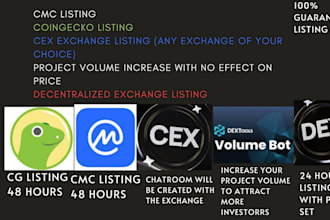 professionally list token or coin on cmc coingecko cex and dex, volume increase
