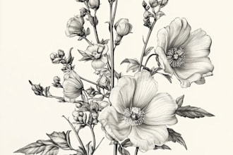 drawn a highly detailed line art botanical illustration
