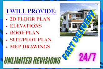 provide floor plan, elevations, site plan, roof plan and mep drawings
