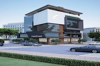 visualize 3d cgi exterior design, retail store,multi story building,glass render