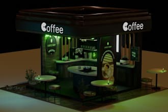 craft 3d coffee corner booth, exhibition kiosk, stand, stall, trade booth, VR
