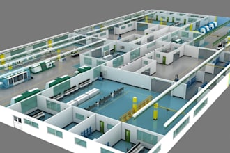 redraw 3d factory floor plan, architectural drawing, site map, vray rendering