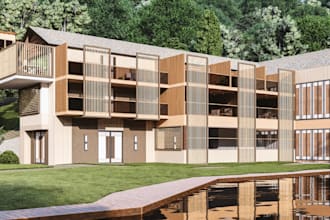 design wood house, forest house, pool side view, facade exterior, landscape