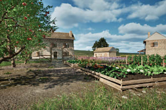design 3d farm garden design, landscape rendering,farm building, storage, pouty