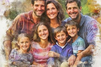 paint a family portrait into a digital watercolor painting with oil painting