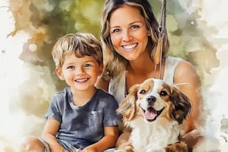 paint a family portrait into a digital watercolor painting with oil painting