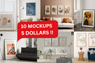 create 10 realistic wall art mockups for your designs