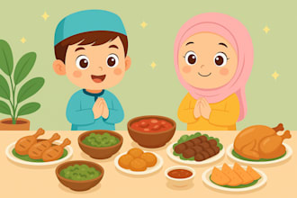 do faceless flat muslim islamic children book illustration