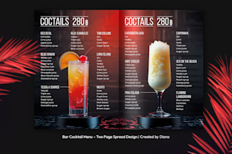 design a stylish bar menu with cocktails, shots, and spirits