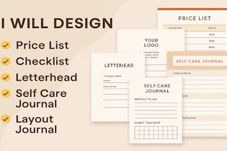 design price lists, checklists, letterheads, self care and layout journals