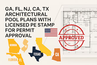 ga, fl, nj, ca, tx architectural pool plans with licensed pe stamp for permit