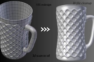 redesign 3d stl file, stl scan, 3d modify obj and stl cleanup for 3d printing
