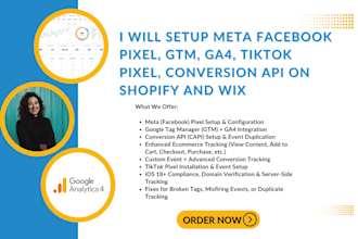 setup meta facebook pixel, gtm, ga4, tiktok pixel, conversion API on shopify wix