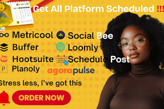 schedule and manage posts using buffer, hootsuite, loomly, metricool for socials