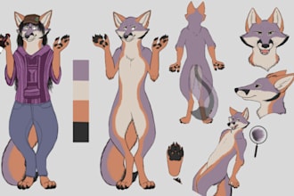 draw custom anime style furry ref sheet for your oc fursona and anthro character