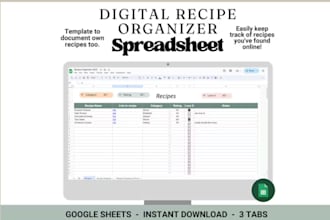 design recipe card design, organizer spreadsheet, nutrition and diet tracker