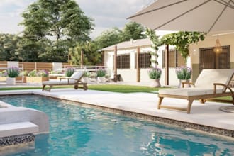 design landscape, backyard, front yard, site plan, garden, patio, 3d rendering