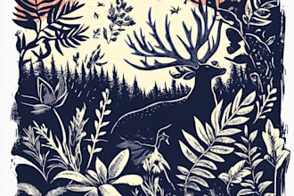 illustrate botanical and animal linocut vector illustration