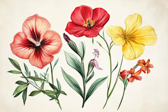 draw botanical illustrations of flowers, plants, fruits