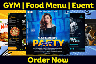 design killer restaurant food menu, creative fitness gym and unique event flyer