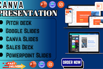 design powerpoint presentation, pitch deck, google slides with canva pro