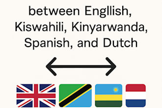 translate between english, kiswahili, kinyarwanda, spanish, and dutch