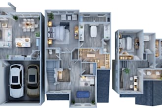 2d and 3d floor plans with furniture and textures, renderings for real estate